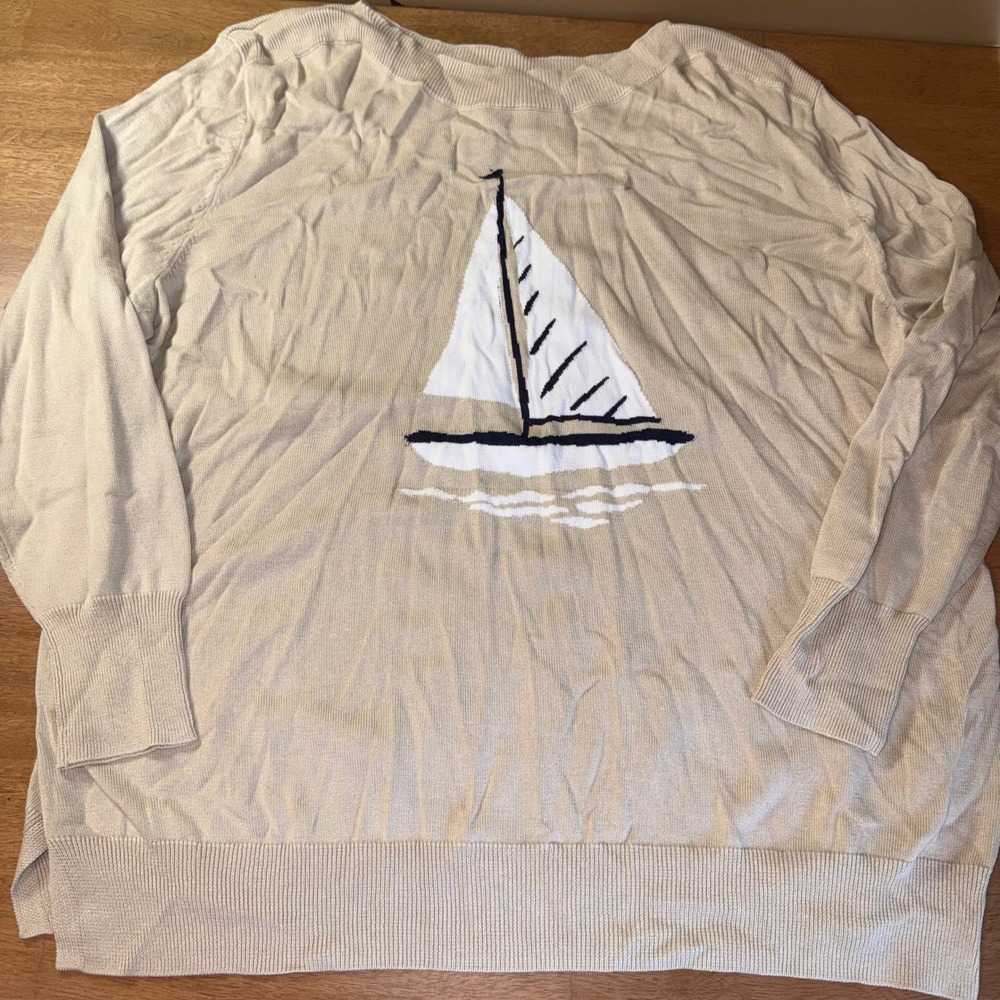 Belle by Kim Gravel Tan Sailboat Intarsia Knit Sweater Womens 2X Nautical Beige